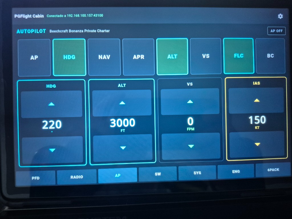 Autopilot panel with HDG ALT FLC modes and HDG ALT VS IAS bugs