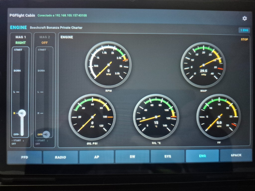 Engine page with magneto selectors and analog gauges