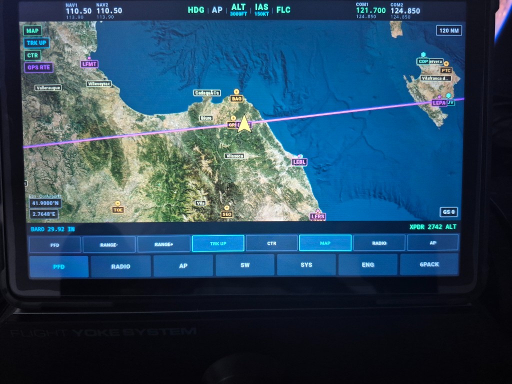 Moving map with satellite imagery, magenta route and 120 NM range