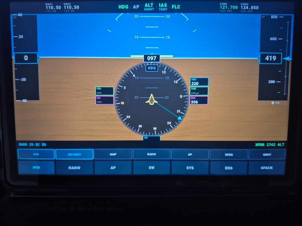 Primary Flight Display with attitude, HSI and G1000-style NAV/COM/AFCS bar