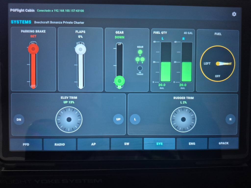 Systems page with parking brake, flaps, gear, fuel quantity and trim